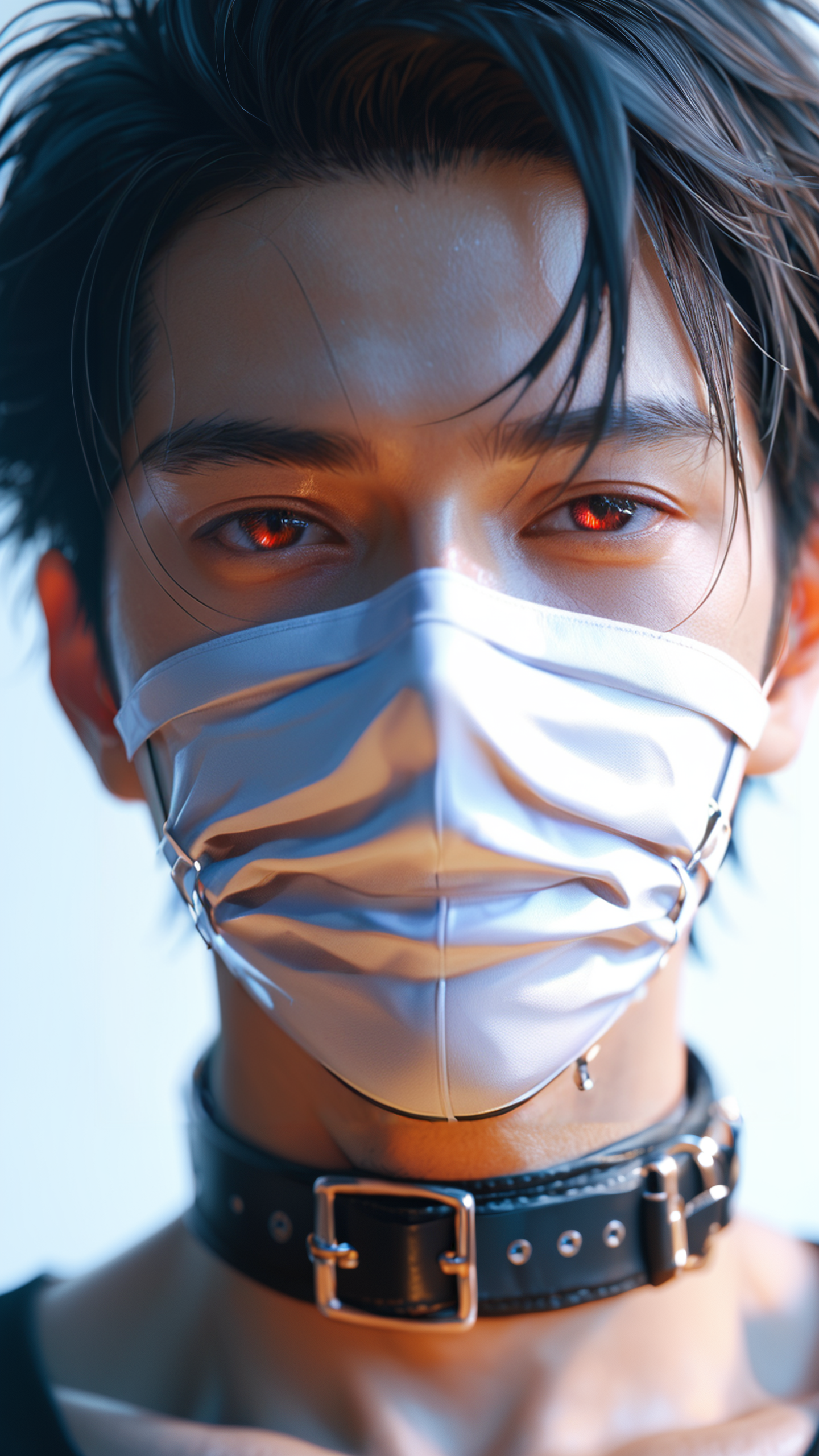 score_9, score_8_up, score_7_up, i want the whole image to be created in 3D anime style,  solo, looking at viewer, short hair, simple background, black hair, red eyes, 1boy, male focus, collar, mask, bdsm, portrait, close-up, mouth mask