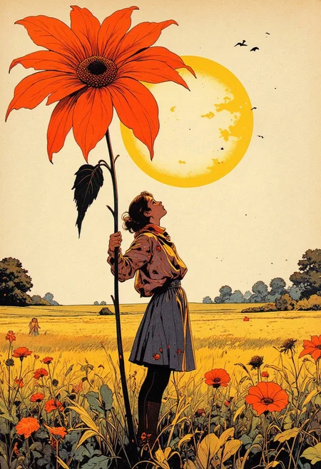 A full-page scan of an old magazine featuring
A girl holding a huge flower, micro art, girl standing in the autumn field basking in the sun, autumn sun shining brightly, simple background, simple lines, a lot of white space, tilted picture, upward view, strong visual impact in the style of 1960s fashion