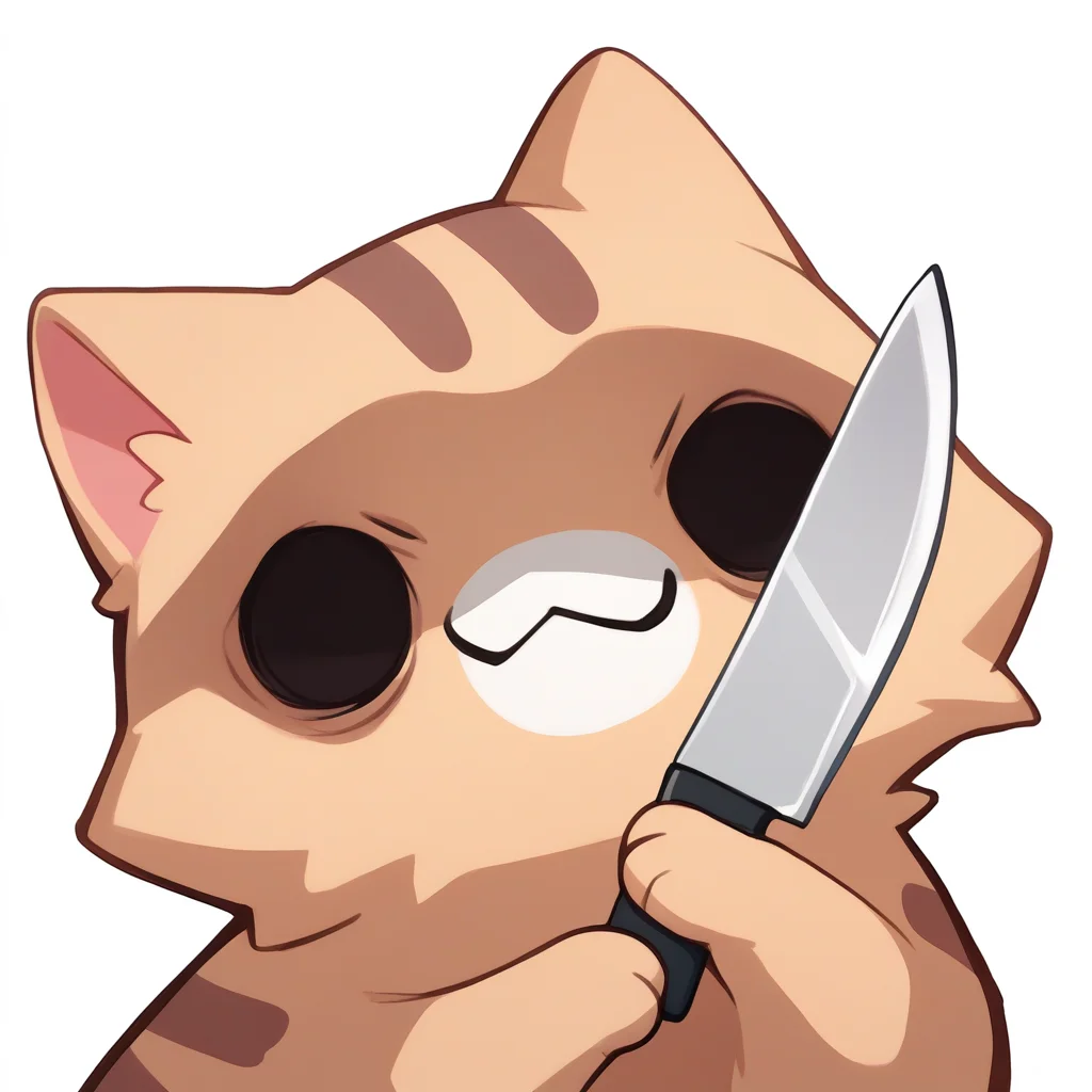 score_9, score_8_up, score_7_up, source_anime, simple background, white background, animal focus, solo, nekoemoji, cat, shaded face, smirk, holding knife, solid circle eyes <lora:discord_nekonekonekone_ponyXL:1>