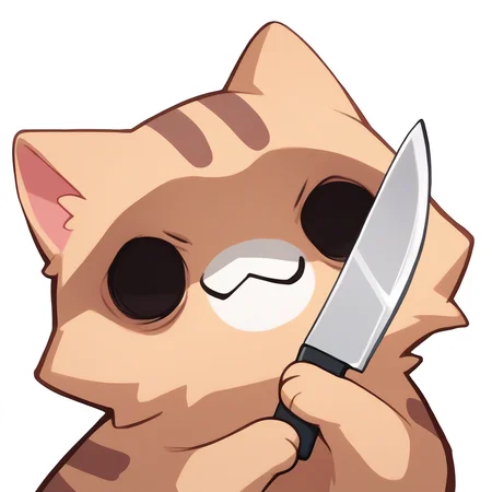score_9, score_8_up, score_7_up, source_anime, simple background, white background, animal focus, solo, nekoemoji, cat, shaded face, smirk, holding knife, solid circle eyes <lora:discord_nekonekonekone_ponyXL:1>
