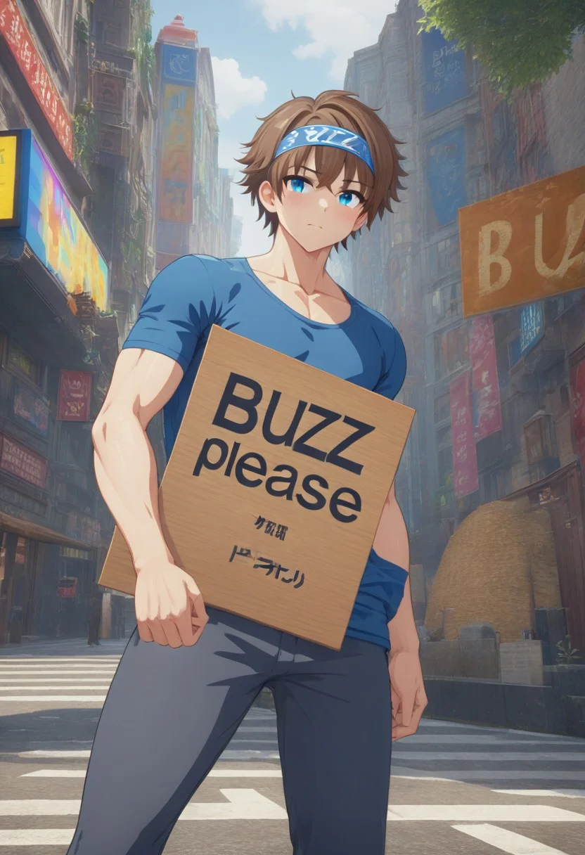 man holding a sign that says ("Buzz Please") text logo, male focus, 1man, fit body, brown hair, headband, blue eyes <lora:texta:0.9>, on the street, (anime, masterpiece, intricate:1), (best quality, hires textures, high detail:1), (4k),(incredibly detailed:1),UHD, 8K, ultra detailed
