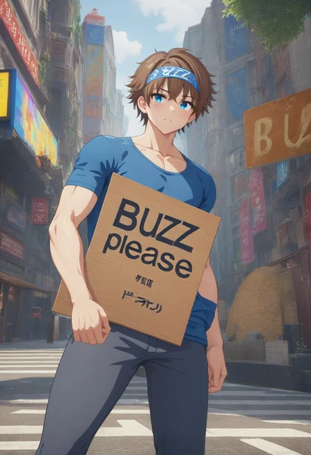 man holding a sign that says ("Buzz Please") text logo, male focus, 1man, fit body, brown hair, headband, blue eyes <lora:texta:0.9>, on the street, (anime, masterpiece, intricate:1), (best quality, hires textures, high detail:1), (4k),(incredibly detailed:1),UHD, 8K, ultra detailed​​​
