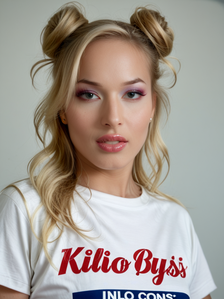 score_9, score_8_up, score_7_up, Khlo3H4rt, Khloe Hart, <lora:Khlo3H4rt-pony:1>,  1girl, makeup, lips, space buns hair, big lips, parted lips, lipgloss, teeth, (bobbed hair), blonde hair, tee-shirt, nasa, retro, portrait, solo, looking at viewer, bokeh, focus, film, velvia, artistic, best quality, photograph, focus
