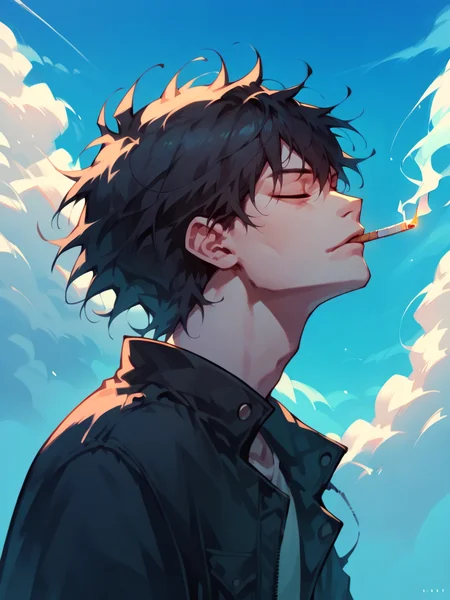 score_9, score_8_up, score_7_up, score_6_up, score_5_up, <lora:cigarette2XLP:1> 1boy, male focus, solo, cigarette, smoking, black hair, sky, closed eyes, cloud, jacket, smoke, short hair, upper body, black jacket, from side, profile, messy hair, outdoors, blue sky