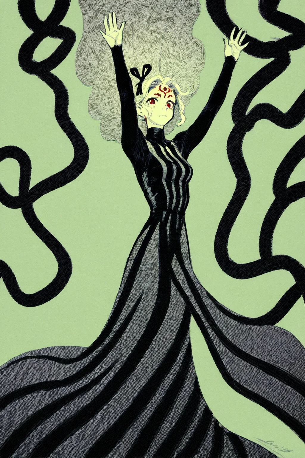 score_9, score_8_up, score_7_up, matou sakura, dark sakura, 1girl, black dress, body markings, breasts, dress, hair ribbon, long hair, long sleeves, red eyes, ribbon, striped clothes, striped dress, vertical-striped clothes, vertical-striped dress, white hair, solo, solo focus, portrait, high contrast,dark, , Balancing on a narrow surface, arms outstretched, showing gracefulness., (green theme:1.5), (monochrome:1.5), <lora:godiva_green:1>