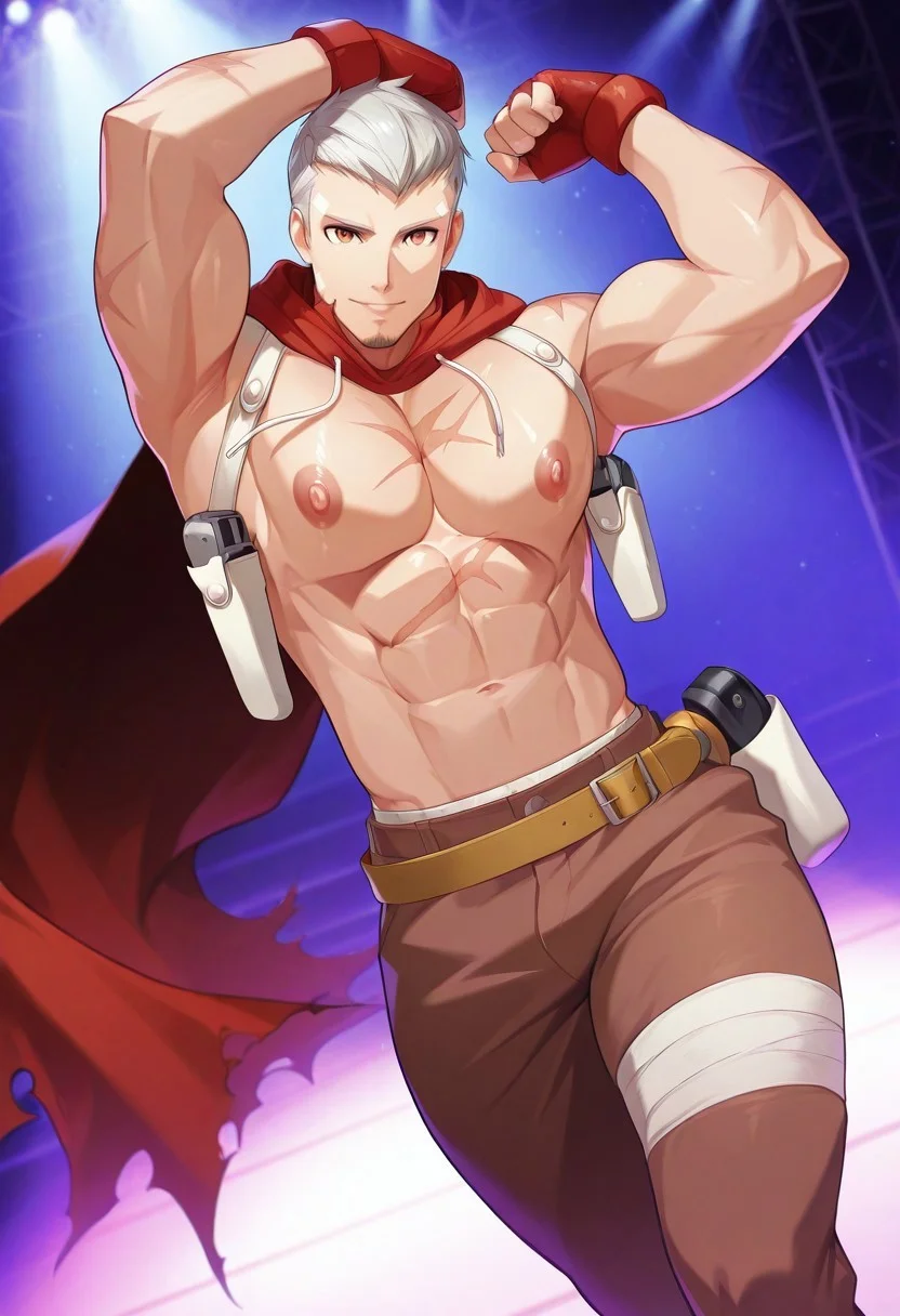 anime, source_anime, animification, sanada akihiko \(persona\), 1boy, short hair, gray hair, undercut, hazel eyes, detailed eyes, black goatee, bandaid on right chin, bandaid on left forehead, broad shoulders, large pectorals, big nipples, large areolae narrow waist, small waist, abs, wide hips, thick thighs, slim body, scar on body, scar on chest, scar on arms, white harness, red fingerless gloves, brown pant, white leg bandage, holsters, red cape, hoodie, dancing, disco dance, looking at viewer, nightclub background, volumetric lighting, abstract, very colorful, cinematic, dutch angle, very awa, masterpiece, best quality, absurdres, newest, perfect quality, detailed background, intricate details, wide waist, stocky, bodybuilder