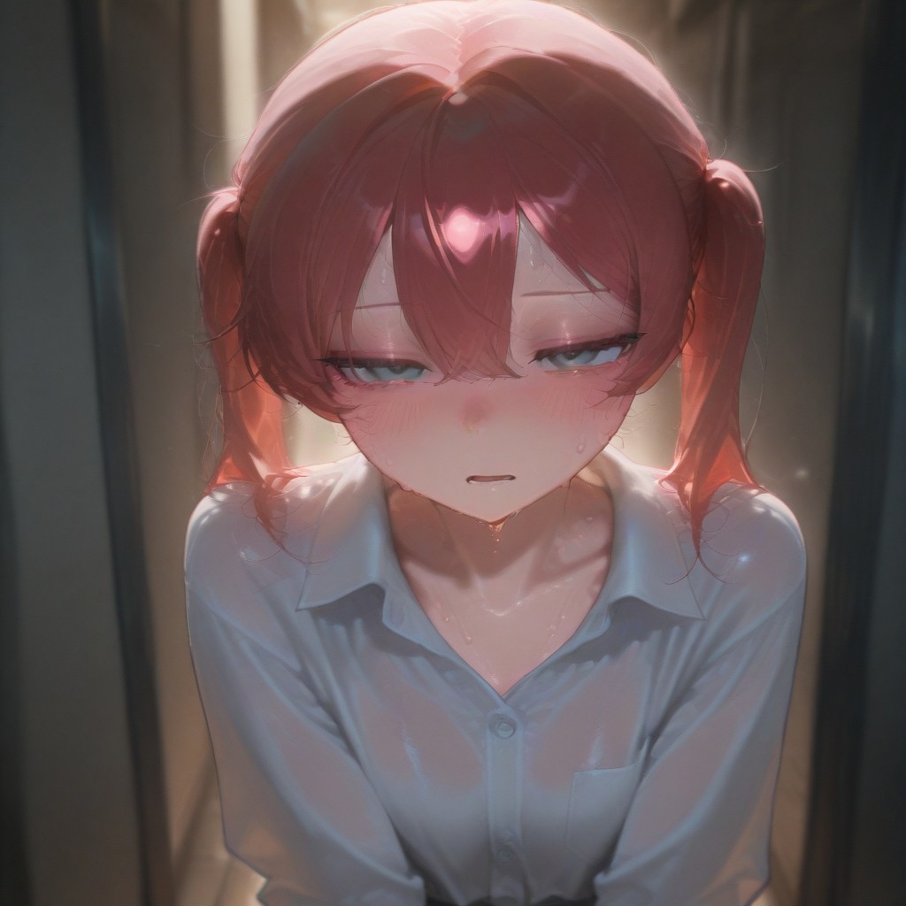 1girl, solo, emotionless, tear, sweat, shameful, blush, masterpiece, opened mouth, sleepy, best quality, pigtail hair, white dress shirt, red hair