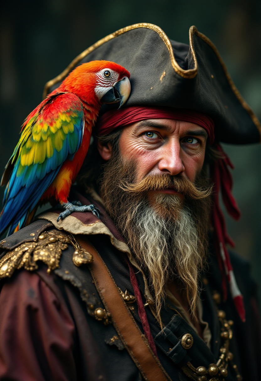 <lora:PCB_Image_Enhancer_for_FLUX:1>
Realistic photo of a colorful parrot sitting on the shoulder of a ragged, long-bearded pirate.