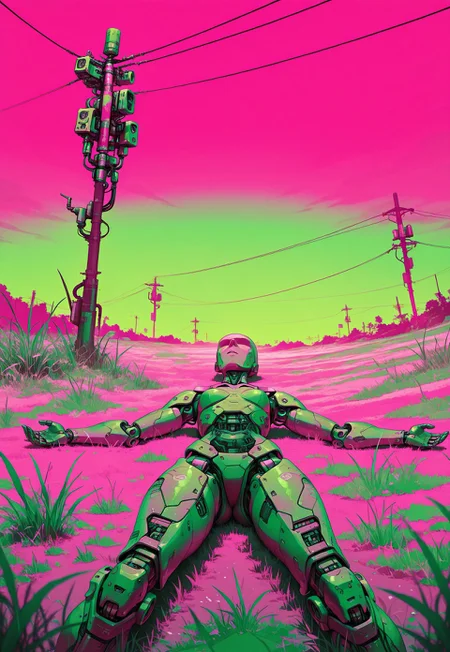 1other, solo, android, mechanical arms, mechanical legs, lying, on back, outstretched arms, looking up, no eyes, bald, science fiction, power lines, on ground, grass, limited palette, pink, green, masterpiece, best quality, absurdres, gradient sky