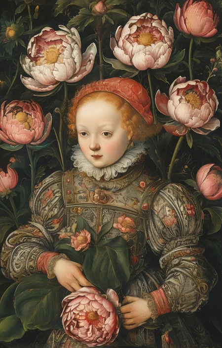 masterpiece,best quality,<lora:tbh282-sdxl:0.9>,illustration,style of Lucas Cranach the Younger decaying peonies