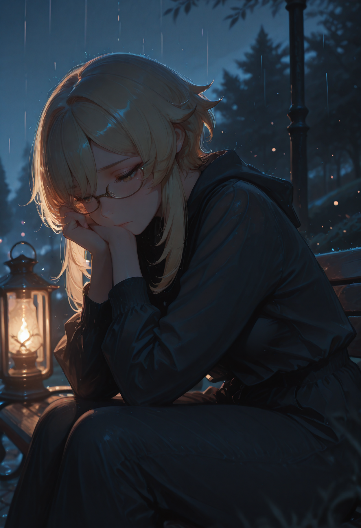 lumine \(genshin impact\), 1girl, sitting on a bench in a park at night, dusk, lantern light, sad, raining, head resting on hands, nerdy glasses
BREAK
(Smooth Quality:0.8),masterpiece,best quality,amazing quality, absurdres, ultra-HD, 8k, fit body, raytracing, soft lighting, volumetric lighting, ambient occlusion,absolutely eye-catching, usnr, (cinematic composition), depth of field, (adult face), (mature female:1.2), very aesthetic, (detailed face and eyes), sharp focus, warm lighting, semi realistic, emphasize body relief, Stylized digital image,
<lora:illustrious_quality_modifiers_masterpieces_v1:1> <lora:USNR_STYLE_ILL_V1_lokr3:0.4> <lora:MGE_V5.2_IL:0.7> <lora:MoriiMee_Gothic_Niji_Style_Illustrious_r1:0.6>  <lora:ppw_v7_Illuv1.0_1_r2:0.4>