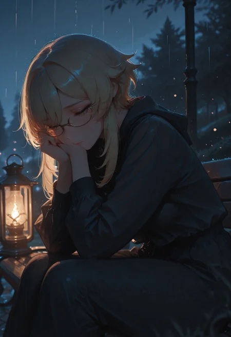 lumine \(genshin impact\), 1girl, sitting on a bench in a park at night, dusk, lantern light, sad, raining, head resting on hands, nerdy glasses
BREAK
(Smooth Quality:0.8),masterpiece,best quality,amazing quality, absurdres, ultra-HD, 8k, fit body, raytracing, soft lighting, volumetric lighting, ambient occlusion,absolutely eye-catching, usnr, (cinematic composition), depth of field, (adult face), (mature female:1.2), very aesthetic, (detailed face and eyes), sharp focus, warm lighting, semi realistic, emphasize body relief, Stylized digital image,
<lora:illustrious_quality_modifiers_masterpieces_v1:1> <lora:USNR_STYLE_ILL_V1_lokr3:0.4> <lora:MGE_V5.2_IL:0.7> <lora:MoriiMee_Gothic_Niji_Style_Illustrious_r1:0.6> <lora:ppw_v7_Illuv1.0_1_r2:0.4>