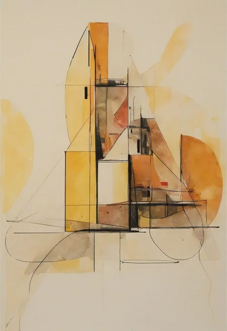 (abstract building painting, brutalist architecture, Bright YELLOW AND DARK RED color palette, curve, circle, ellipse, core), AK, abstract, deconstruction, geometry, geometric composition,paint painting,harmonious colors, black frame,rectangle, tilt, flat painting, framex, horizontal, Constructivism, Fauvism,