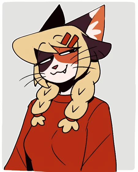 score_9_up, score_8_up, score_7_up, score_6_up, by remanedur, half-length portrait, female, blonde hair, cat, braids, tail, medium breasts, red sweater, twin braids, furry, skirt, hair clip, half-closed eyes, looking at viewer, happy, smug, smile, head tilt, solo, three-quarter view, simple background, white outline, <lora:Leah_Pines(AIM)_XL_v1:0.15> <lora:PDXL_artist_tags_v2_big:0.5> <lora:The-Minuscule-Task_PDXL_v1.0:0.6> <lora:Catfish_eviex_01:0.7>