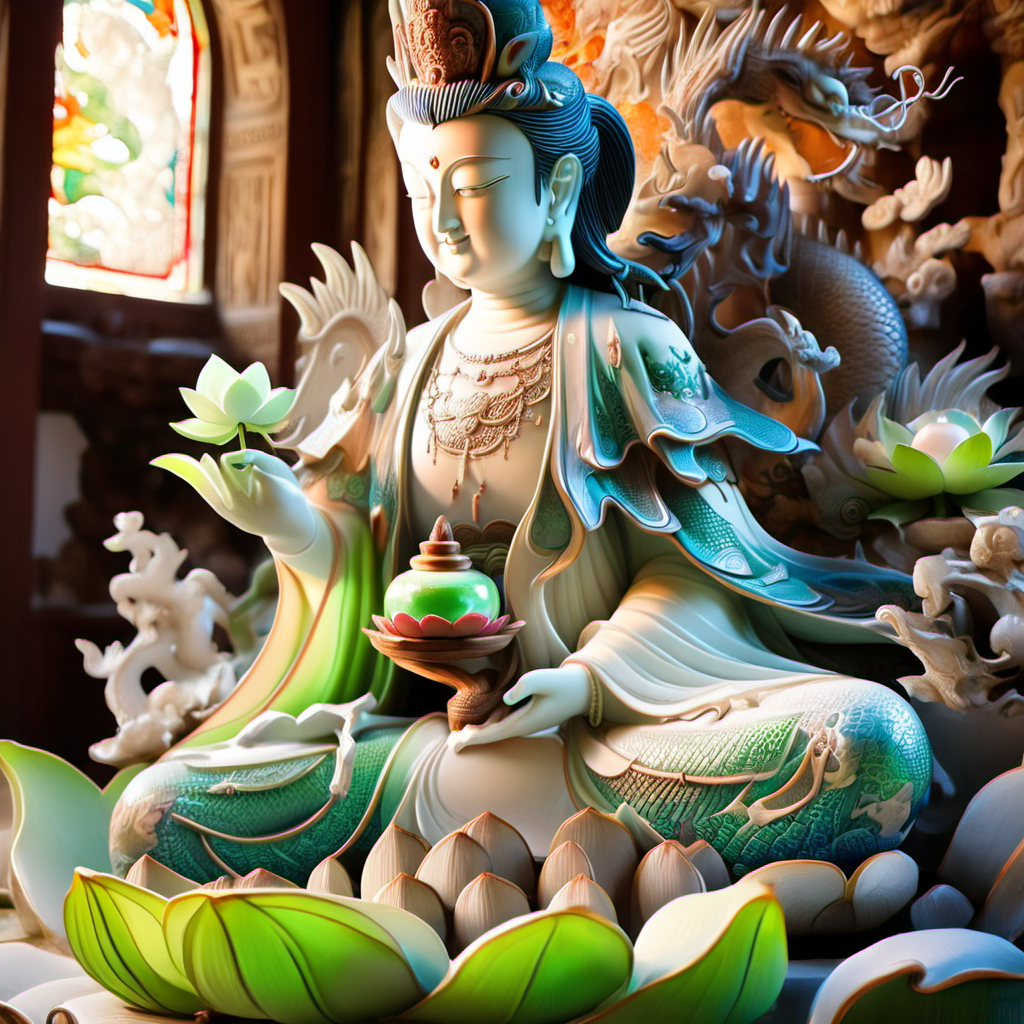 (a statue of a female buddha in vestment),standing,sitting cross-legged,Holding an ancient wooden bottle,Holding precious pearl and willow branch,wish-fulfilling gem,full body:1.2,half upper body,Magical and Unique Lotus,hand by Guido Daniel,<lora:ç¿ çç½è SDXLï½çéé£æ ¼_v1.0:1>,<lora:Guanyin:1>,, Huge and wonderful lotus, majestic hall, colorful light, stained glass windows, meditation mats, worship mats, flowers, offerings, offering tables, ancient frescoes, dragon pillars, ancient carvings, huge walls carved in the shape of dragons