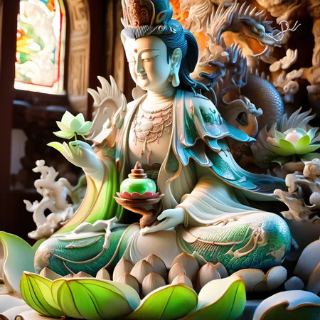 (a statue of a female buddha in vestment),standing,sitting cross-legged,Holding an ancient wooden bottle,Holding precious pearl and willow branch,wish-fulfilling gem,full body:1.2,half upper body,Magical and Unique Lotus,hand by Guido Daniel,<lora:ç¿ çç½è SDXLï½çéé£æ ¼_v1.0:1>,<lora:Guanyin:1>,, Huge and wonderful lotus, majestic hall, colorful light, stained glass windows, meditation mats, worship mats, flowers, offerings, offering tables, ancient frescoes, dragon pillars, ancient carvings, huge walls carved in the shape of dragons