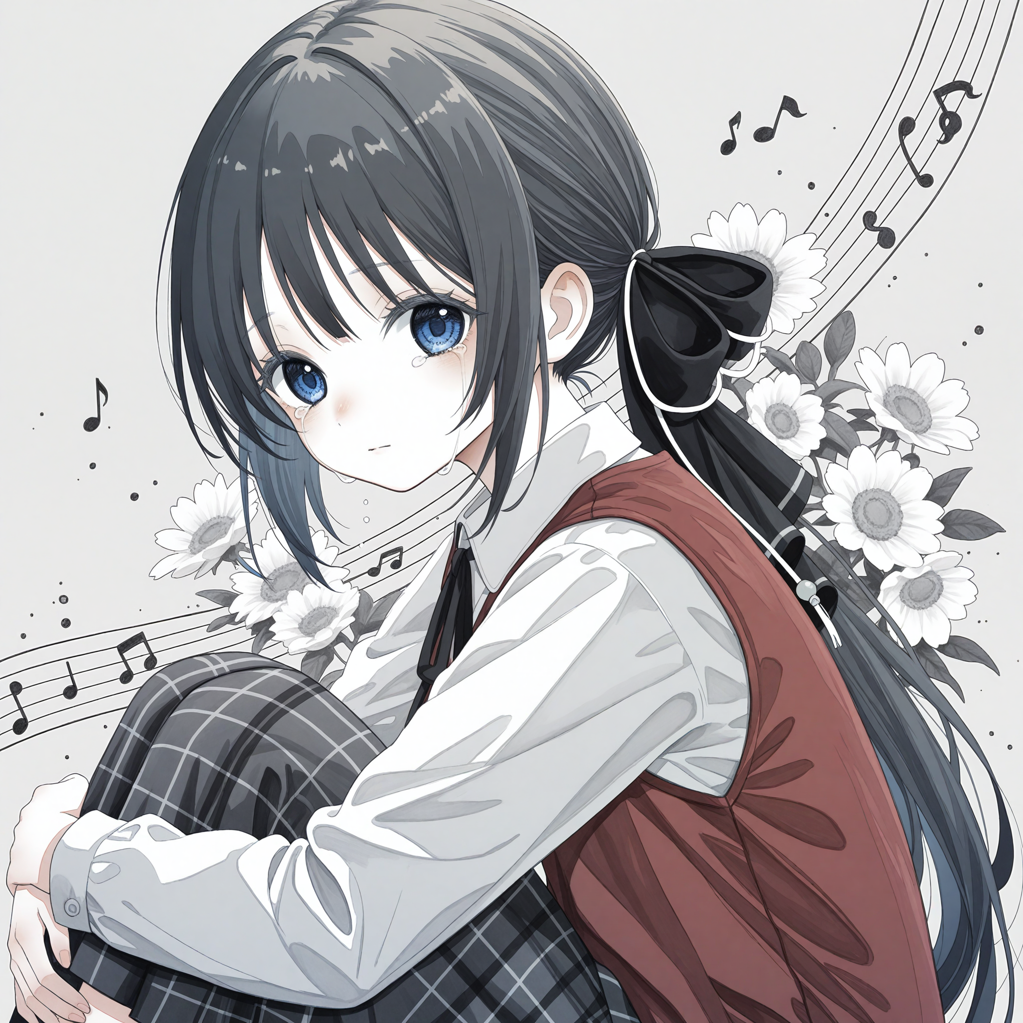 <lora:osetoiro_art_n16c16_nai_loha:1.1>,osetoiro art,traditional media,monochrome,
<lora:Tortinita_Fine_1_nai-000027:1>,Tortinita Fine,ponytail,hair bow,black bow,hair ornament,blue eyes,
red vest,white shirt,collared shirt,long sleeves,black neck ribbon,dress vest,plaid skirt,
1girl,solo,looking at viewer,hugging own legs,from side,streaming tears,flower,musical note,beamed sixteenth notes,sixteenth note,