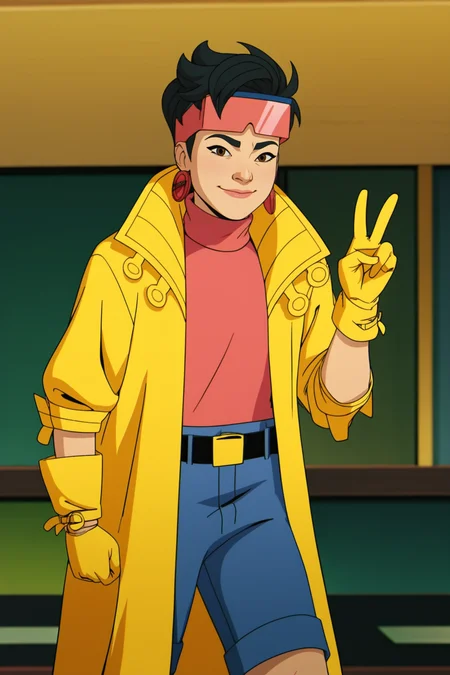 score_9, score_8_up, score_7_up, score_6_up, score_5_up, score_4_up, BREAK, <lora:Jubilee_V2:1>, 1girl, Jubilee, black hair, brown eyes, yellow jacket, eyewear on head, pink shirt, turtleneck, yellow gloves, blue shorts, belt, standing, peace sign, smiling, closed mouth