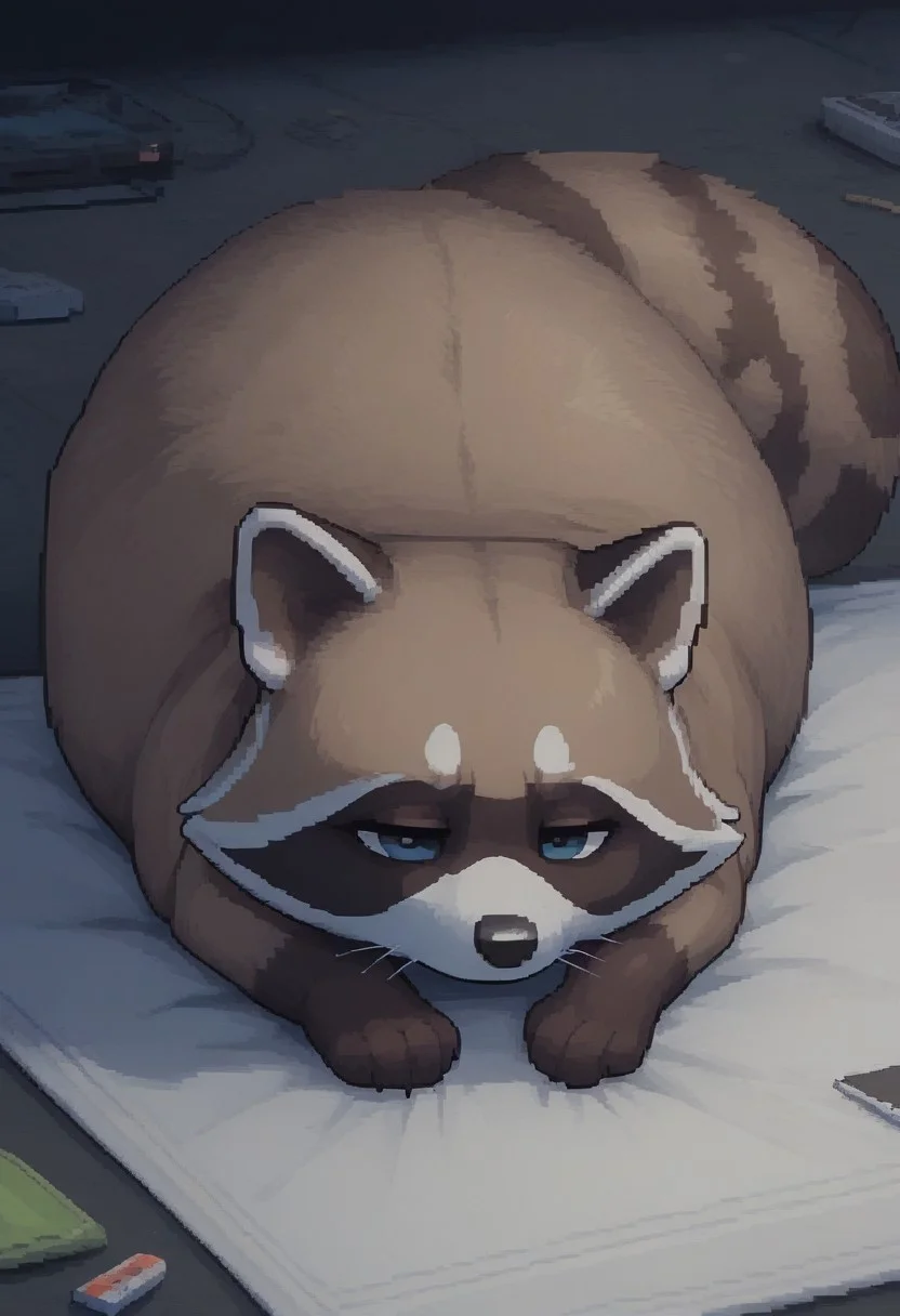 (easynegative:0.2 ) raccoon, feral, puffy, lying on his stomach, two-tone body, round, lazy, tired, , half closed eyes, , shuuko, light colors, bright colours, cute, pixelart, pixel,