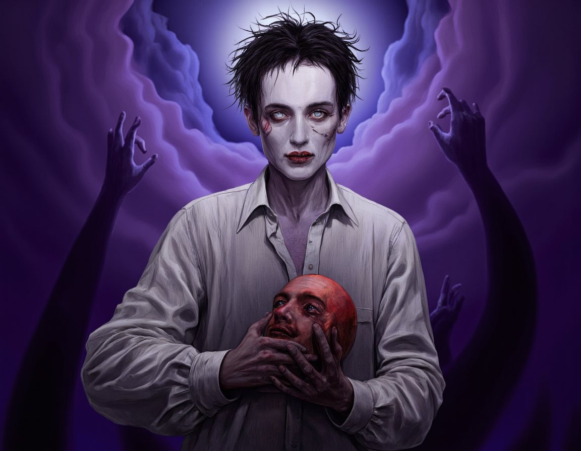 <lora:{surreal, }Surreal:0.85> surreal, A surreal and dreamlike illustration depicting a man with a gaunt, pale face, holding his own severed head in his hands, as if it were a disembodied object. His skin is deathly pale, with a subtle sheen to it, and his eyes are black as coal, with a hint of red around the edges, giving an otherworldly glow. His dark hair is messy and unkempt, sticking out in every direction. The man's facial expression is one of serene calmness, with a slight, enigmatic smile playing on his lips. He wears a simple, tattered white shirt, with billowy sleeves, and his fingers are long and spindly, wrapped around his own head like a vice. The lighting is dim, with an ethereal, moonlit glow, casting long, ominous shadows across the scene. The background is a swirling vortex of purple and blue, like a mix of clouds and smoke, with subtle, glowing tendrils that seem to reach out and wrap around the man's body. The illustration is highly detailed, with bold lines and vibrant colors, and features a mix of textures, from the smoothness of the man's skin to the rough, canvas-like quality of his shirt. The overall mood is one of eerie, unsettling wonder, as if the viewer has stumbled into a strange, fantastical realm. The image features a shallow depth of field, focusing sharply on the man and his disembodied head, while softly blurring the background into a surreal, dreamlike haze. . 35mm photograph, film, bokeh, professional, 4k, highly detailed