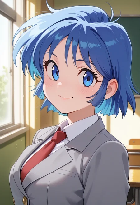 masterpiece, best quality, amazing quality, absurdres, 1girl, solo, (portrait:1.2), hiroeww, blue eyes, blue hair, short hair, small breasts, school uniform, red necktie, blazer, grey jacket, white collared shirt, looking at viewer, smile, indoors, day, skindentation, detailed clothing folds, depth of field, sharp, high contrast, dynamic light <lora:Hiroe_Ogawa_Nageki_no_Kenkou_Yuuryouji_ill_v21:0.9>