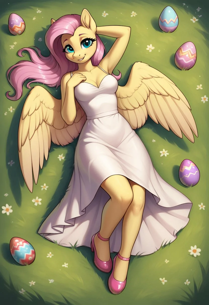 score_9, score_8_up, score_7_up, score_6_up, realistic illustration, dramatic angle, meadow, grass field, outdoors, close view, 1girl, solo, fluttershy, (anthro pony), 18 yo, tail, wings, petite body, shiny skin, medium breasts, white dress, long dress, inviting look, dynamic pose, dramatic angle, lying on back, looking at you, easter eggs everywhere, easter eggs, full body, pink shoes, upper view