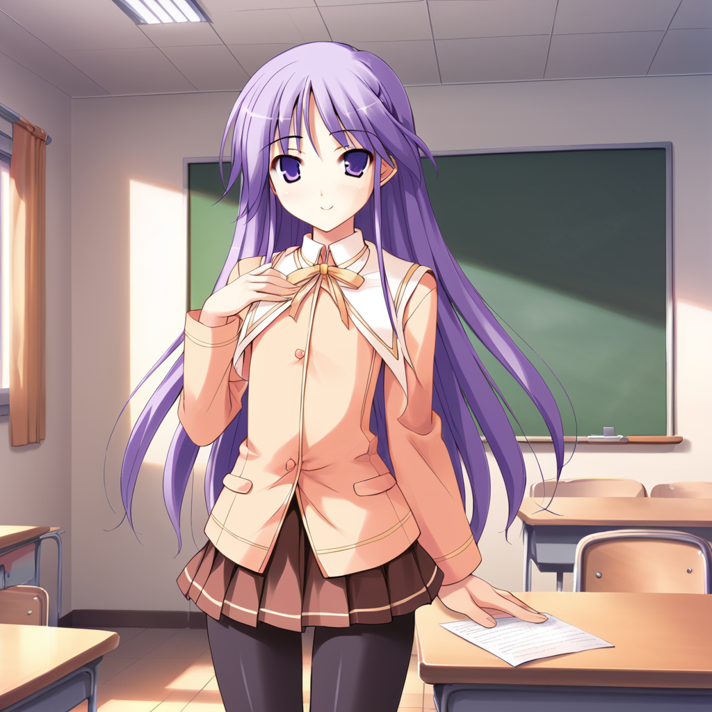 score_9, score_8_up, score_7_up, BREAK source_anime, rating_explicit, best quality, masterpiece, uncensored, 1boy, <lora:junnyan_pony:1> junnyan, otoko no ko, long hair, purple hair, purple eyes, school uniform, long sleeves, crossdressing, skirt, pantyhose, pleated skirt, black pantyhose, standing, classroom, cowboy shot, light smile