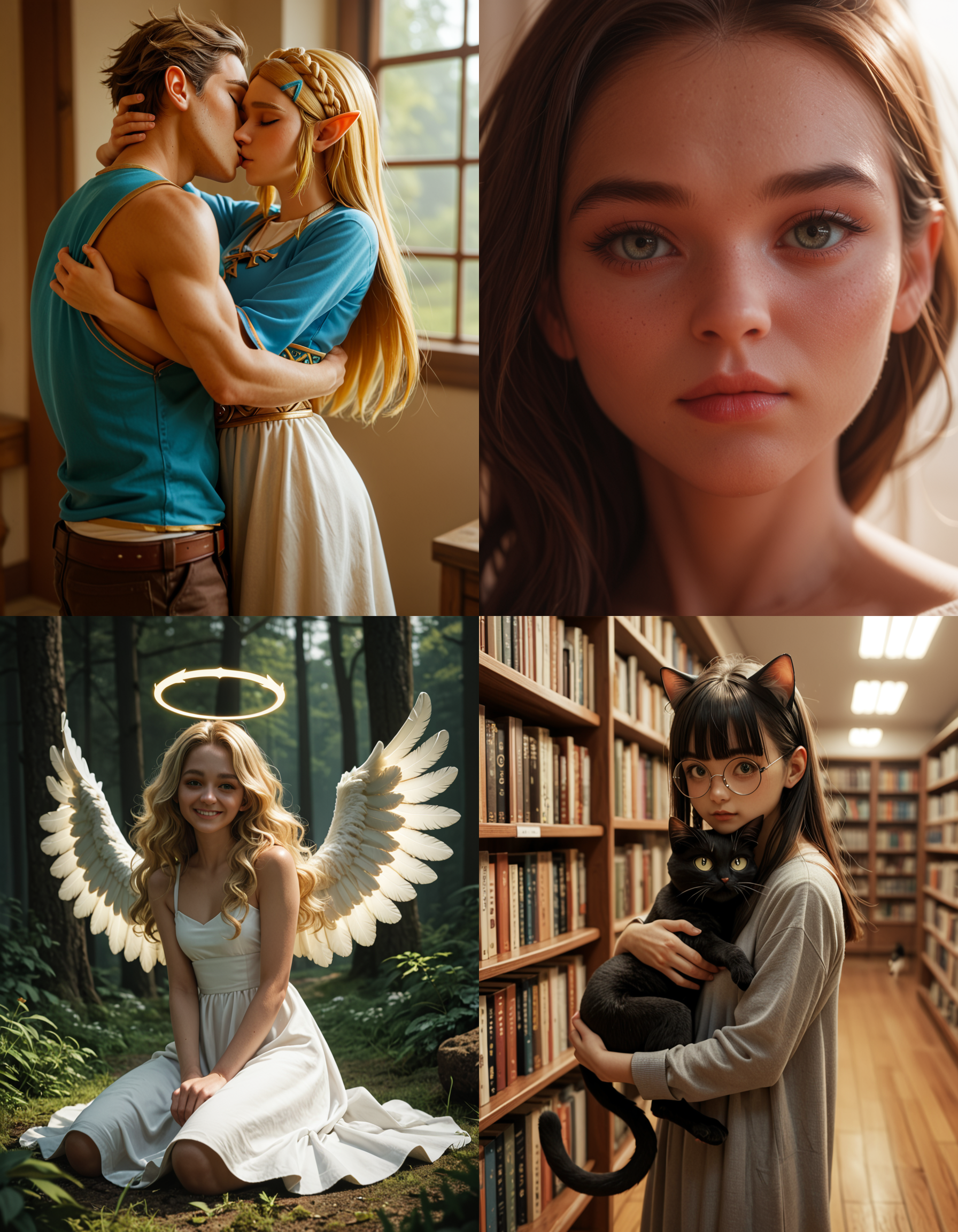 https://civitai.com/articles/5300 ___ All images: score_9, score_8_up, score_7_up ___ 1st image: 1girl, 1boy, Princess_Zelda, \(The_Legend_of_Zelda:_Breath_of_the_Wild\), standing, kiss, hug, closed_eyes ___ 2nd image: 1girl, lovely face, portrait, close-up, looking_at_viewer, closed_mouth ___ 3rd image: 1girl, solo, blonde_hair, wavy_hair, angel, angel_wings, halo, smile, sitting, forest, white_dress ___ 4th Image: 1girl, solo, long_hair, black_hair, blunt_bangs, straight_hair, round_eyewear, cat_girl, cat_ears, cat_tail, standing, hug cat, looking_at_viewer, library
