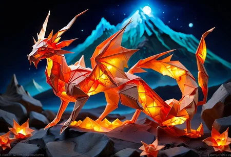 high quality, extremely detailed and beautiful origami fantasy translucent magical fire elemental creature, glowing within, red yellow and orange colors <lora:TQ_-_Fairy_Tale_Origami_Paintings:0.5> , beautiful vibrant dark moonlight fire volcano at night, sharp focus, intricate, detailed illustration, beautiful color palette, incredible details, high contrast, high dynamic light, perfect composition and chiaroscuro, glowing magical moonlight, bioluminescent creature or fire, intricately detailed, true masterpiece, <lora:sss:1> <lora:SDXLFaeTastic2400:0.5> <lora:chillet_v2:1> animal, no_humans
