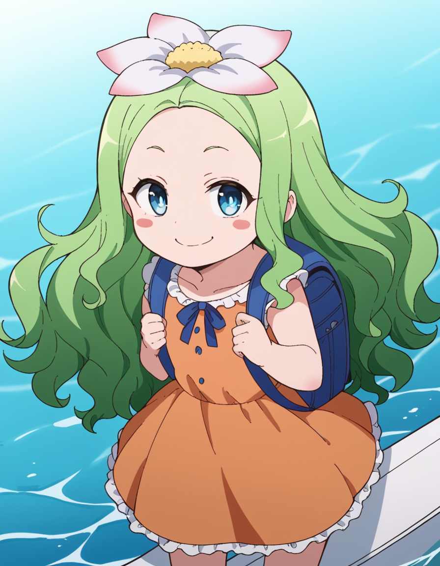 score_9, score_8_up, score_7_up, source_anime, <lora:celine-darkness-ponyxl-lora-nochekaiser:1>, celine, long hair, blue eyes, hair ornament, flower, green hair, hair flower, wavy hair, blush stickers,, dress, backpack, orange dress, frills,, jetty, water, boats, dock, narrow, smile, smug, looking at viewer, solo,, dutch angle, cowboy shot