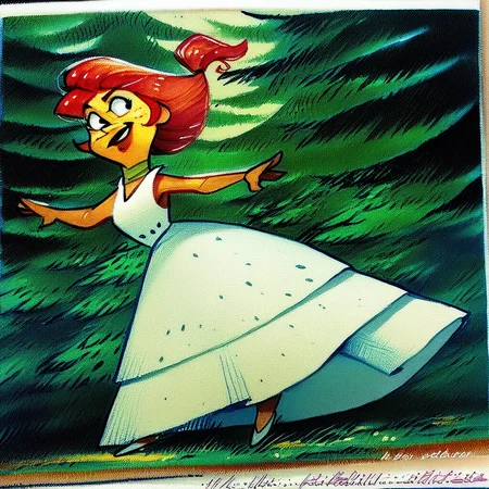 Bpbbarb,score_9, score_8_up, score_7_up, score_6_up, 1girl, traditional media, in a forest, white dress, red hair