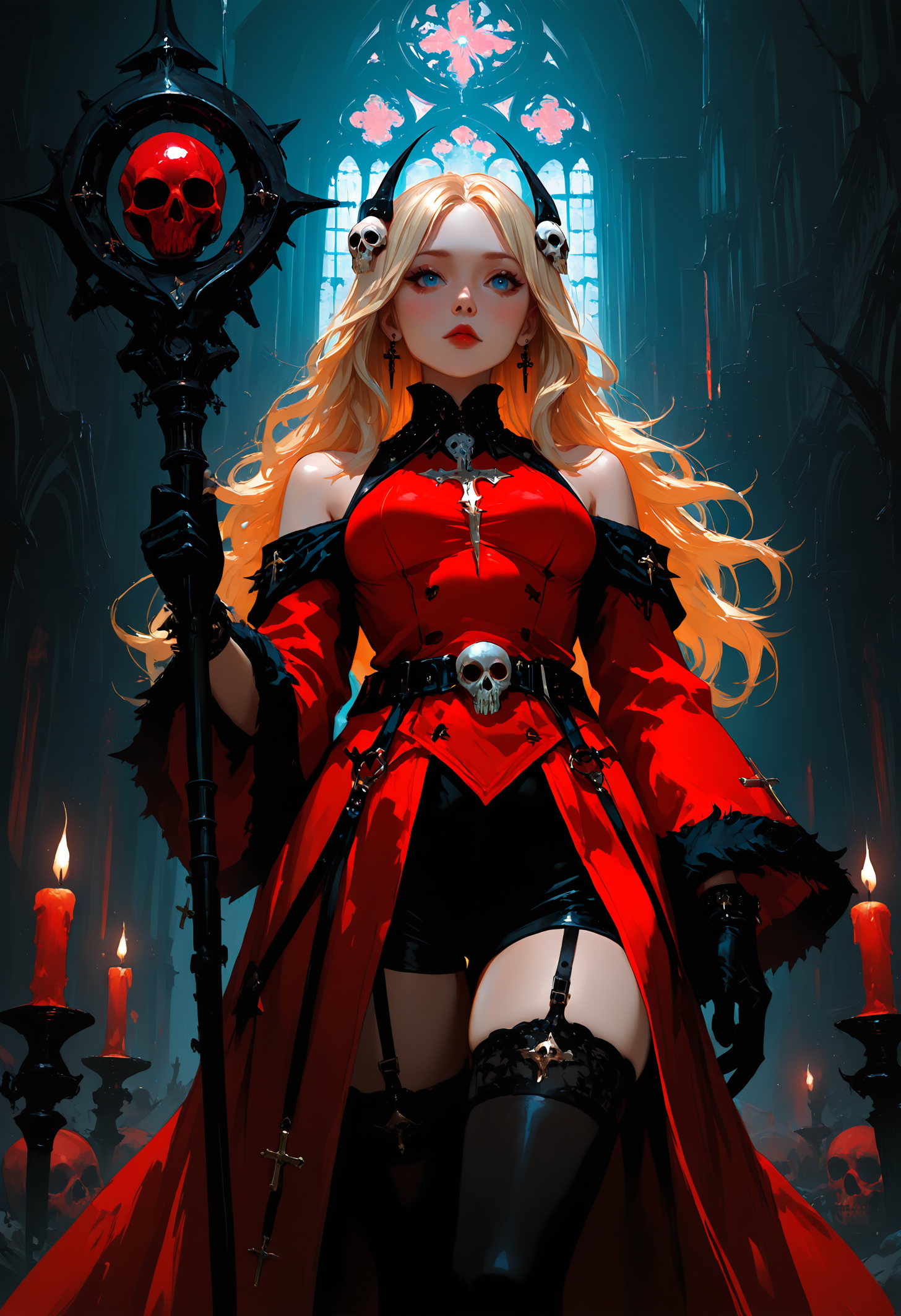 masterpiece, best quality, good quality, very awa, very aesthetic, absurdres, newest, 1girl, solo, long_hair, looking_at_viewer, blue_eyes, blonde_hair, hair_ornament, gloves, dress, thighhighs, holding, closed_mouth, jewelry, bare_shoulders, medium_breasts, earrings, shorts, black_gloves, belt, black_thighhighs, parted_bangs, garter_straps, red_dress, cross, staff, skull, holding_staff, red_lips, candle, red_coat, skull_hair_ornament, church, scenery, volumetric lighting, opill