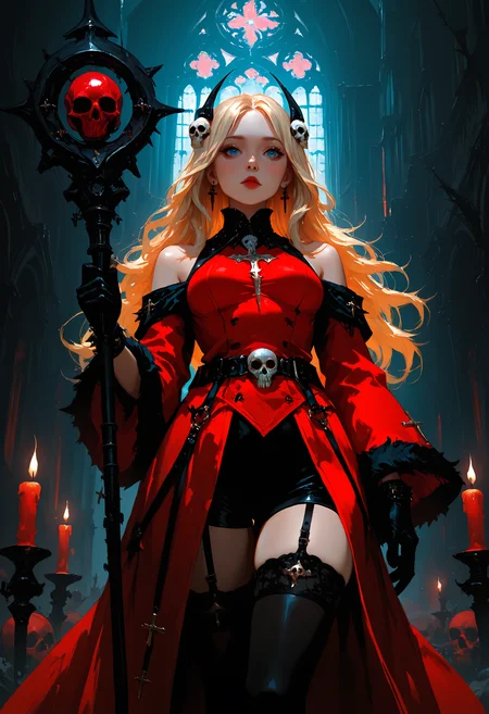 masterpiece, best quality, good quality, very awa, very aesthetic, absurdres, newest, 1girl, solo, long_hair, looking_at_viewer, blue_eyes, blonde_hair, hair_ornament, gloves, dress, thighhighs, holding, closed_mouth, jewelry, bare_shoulders, medium_breasts, earrings, shorts, black_gloves, belt, black_thighhighs, parted_bangs, garter_straps, red_dress, cross, staff, skull, holding_staff, red_lips, candle, red_coat, skull_hair_ornament, church, scenery, volumetric lighting, opill