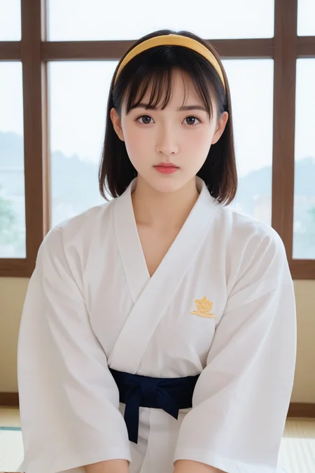 1girl, judo uniform,yellow headband,black belt,
Beautiful 20 year old Japanese girl,
looking at viewer,,cowboy shot,
(Serious expression:0.5),portrait,upper body,sitting,
<lora:sdxl_lightning_8step_lora:1>,
<lora:pony_xl_yawara:0.7>,yawara,
dojo,score_9,score_8_up,score_7_up,
Clouds Sky in Window,indoors ,dof,
masterpiece, best Quality,realistic Details,photography,