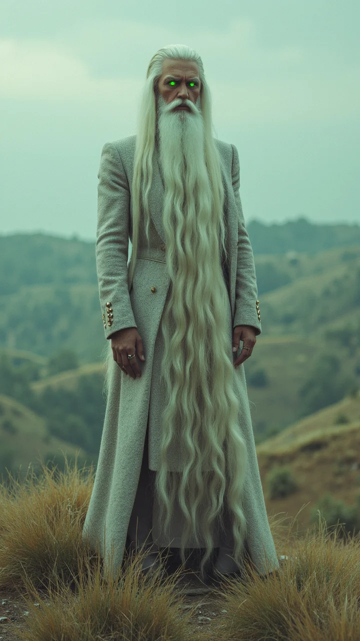 photograph, In a surreal landscape, the famous Christos with a long white beard and piercing green eyes stands tall on a hill overlooking rolling hills. ethereal Female subjects, Striking subjects, Male subjects, Figurative expressionism, pioneering mecha and horror manga, meticulous craftsmanship, Signature realism, aidmaRealisticPeoplePhotograph