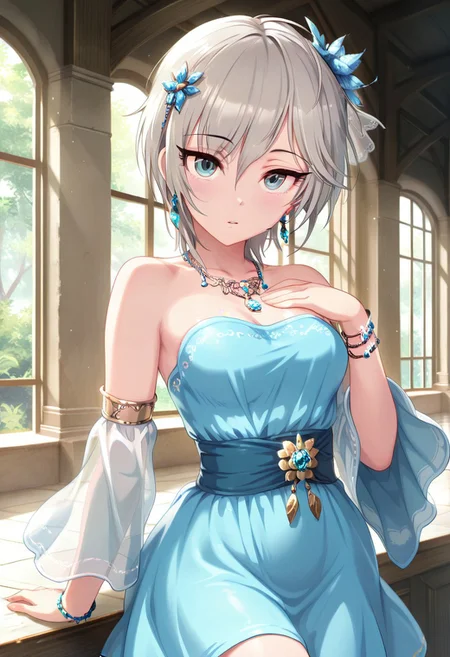 masterpiece,best quality,amazing quality, anastasia, short hair, grey hair, blue eyes, 1girl, jewelry, solo, dress, hair ornament, earrings, necklace, bracelet, detached sleeves, looking at viewer, bare shoulders, strapless dress