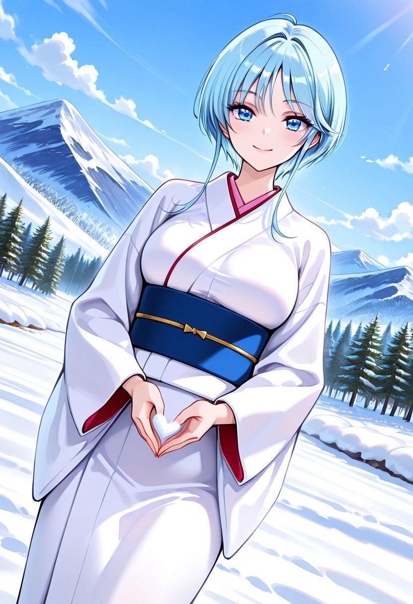 general,highres, ultra-detailed,very aesthetic,best quality ,best hands,best eyes,easynegative,
dynamic anglre, dutch angle, anime cloring,
1girl solo,looking at viewer,outdoors,snow,mountain, smile,
Yukime,light blue hair, blue eyes, large breasts, short hair, long sideburns,Japanese clothes, kimono,