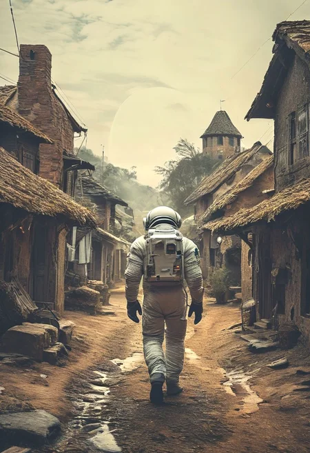 photo of astronaut walking in a old village in the background