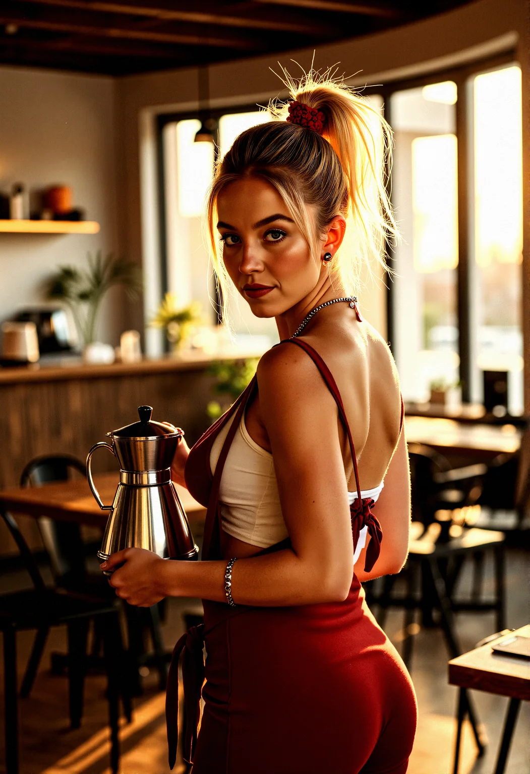 Photorealistic photography of Café environment, with a young 18 years old waitress, sw33ny, featuring high ponytail blonde hair, grey eyes, beautiful figure in a stylish uniform, wearing unique accessories, necklace, wrist scrunchie, ring, punk style ear piercing,
Carrying a coffee pot, with a welcoming expression.
Soft ambient lighting, enhancing the warm café atmosphere.
Warm, natural light streaming in through the windows.
8K resolution for ultra-high detail.
Hyperrealistic textures for maximum realism.
Photorealistic rendering for a lifelike appearance.
Ultra-sharp focus on key elements.
Cinematic color grading for a filmic look.
Dynamic range to capture the full spectrum of light.
High dynamic range (HDR) for balanced lighting.
Soft focus on background elements to create depth.
Fine detail enhancement for intricate textures.
Ultra-high contrast for dramatic effect.
Realistic depth of field for a natural look.
Vivid color saturation for a vibrant scene.
Sharp edge detailing on the character and café furniture.
Smooth gradient transitions for a polished look.
Subtle vignetting to focus attention on the character.
Enhanced clarity on all elements.
Realistic motion blur for any movement.
Perfectly balanced lighting for a natural feel.
Natural color tones for the café and character.
Crisp shadow definition for high detail.
Warm, inviting color palette for a serene atmosphere.
Enhanced texture blending for a seamless look.
Subtle noise reduction for a clean finish.
High definition reflections on the café tables and character’s uniform.
Sharp focus throughout for maximum detail.
Ultra-smooth gradients in the background.
High clarity in soft areas for balanced contrast.
Subtle glow effects to enhance the warm atmosphere.
Perfect exposure for natural light and shadows.
Detailed texture mapping for ultra-realism.
Enhanced light reflections on the café and character’s accessories.
Perfectly balanced contrast for visual appeal.
High resolution details for lifelike representation.
Soft shadow transitions for a natural look.
Enhanced light diffusion for realism.
Realistic atmospheric effects to add depth.
High color accuracy for true-to-life tones.
Subtle texture overlays for added detail.
High-definition light beams filtering through the café windows.
Perfectly aligned shadows for a cohesive look.
Enhanced light scattering through the café environment.
Crisp, detailed edges on all elements.
Subtle light flares for added realism.
Balanced color grading for a natural look.
Detailed environmental mapping for a realistic scene.
Ultra-fine detail on all surfaces.
Perfectly integrated elements for a seamless composition.
Cinematic realism for an immersive experience.
Vibrant yet natural color palette to enhance the mood.
High-quality render to capture every detail.