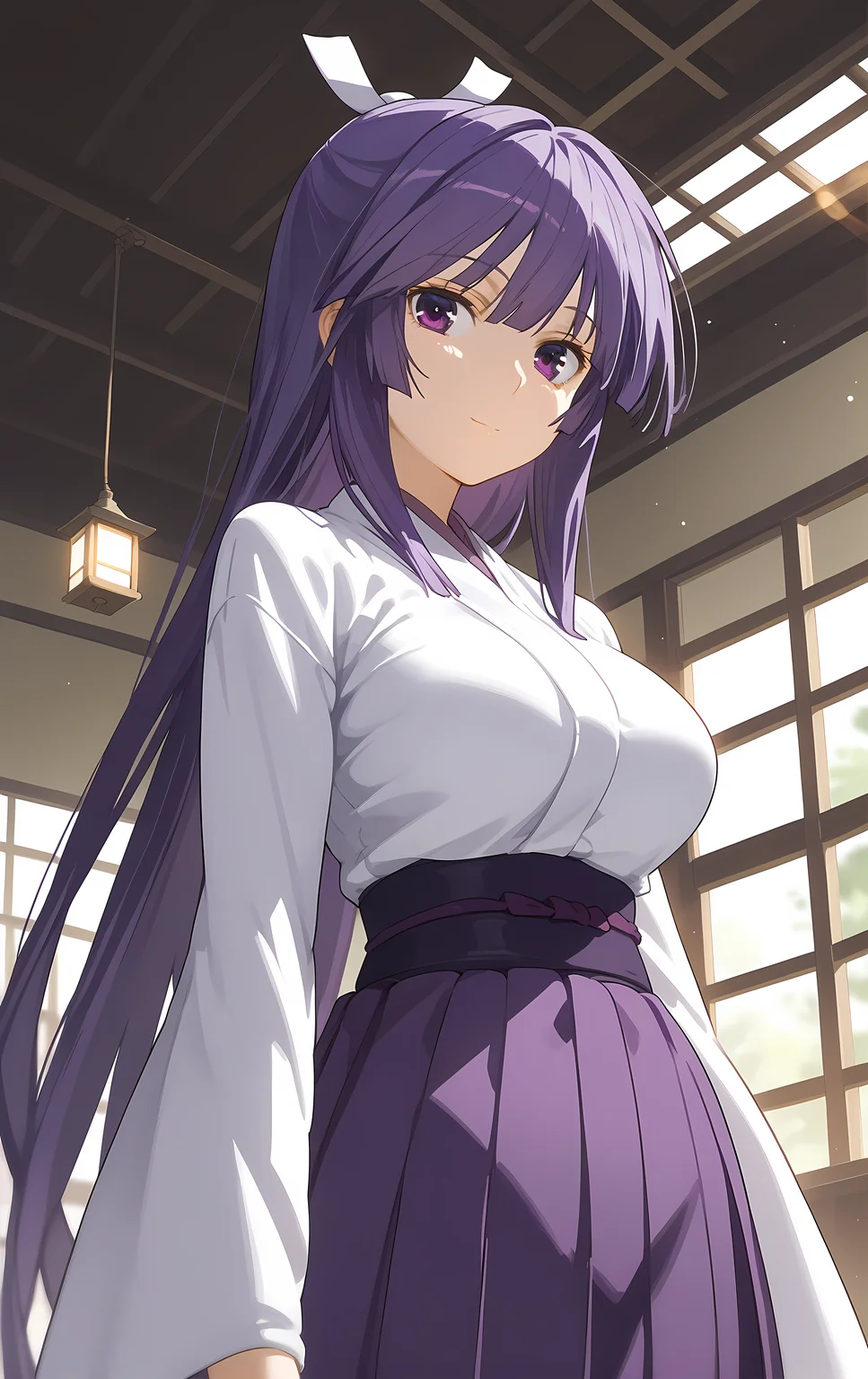 (score_9, score_8_up, score_7_up), looking at viewer, light smile, closed mouth, shiny skin, tight clothes,
ohwx, 1girl, solo, solo_focus, purple_eyes, long_hair, japanese_clothes, purple_hair, very_long_hair, breasts, ponytail, long_hair, breasts, large_breasts,
japanese_clothes, kimono, sash, kimono, skirt, hakama, hakama_skirt, purple_hakama, white_kimono,
office, ceiling light, window, lens flare, against windowsill, blurry, cowboy shot, dutch angle,
<lora:miya_asama_pony_ss-000002:1>