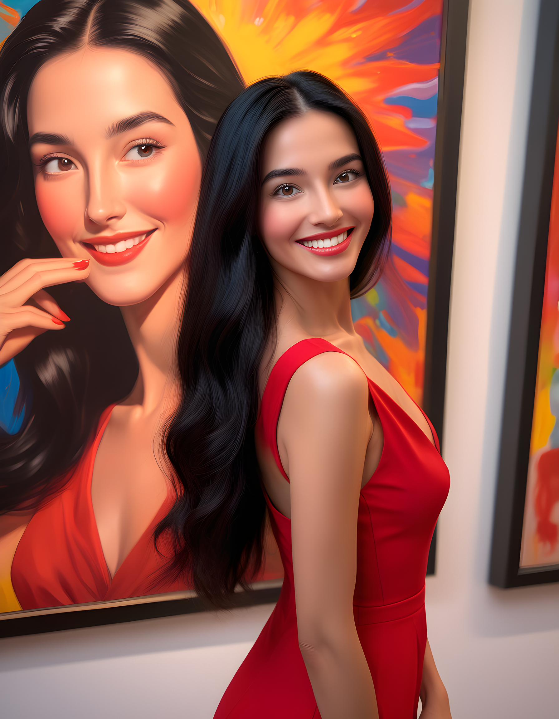 In the heart of a vibrant, sun-kissed art gallery, where the soft glow of spotlights illuminates masterpieces, stands N4NCYJMM - a woman with long, cascading black hair, her eyes sparkling with warmth as she offers a closed-mouth, radiant smile to the viewer. Dressed in an elegant, form-fitting red dress that complements her skin tone, she gracefully poses at an angle, her posture exuding both confidence and approachability against a backdrop of colorful contemporary art, further emphasizing her artistic flair.