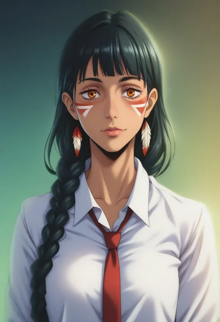 score_9, score_8_up, score_7_up, source_anime, intricate details, anime screencap, perfect balance, official art, extremely detailed CG unity 8k wallpaper, perfect lighting, Colorful, Warm_Front_face_Lighting, (masterpiece:1.0),(best_quality:1.0), ultra high res,4K,ultra-detailed, photography, 8K, HDR, highres, absurdres:1.2, Kodak portra 400, blurry background, bokeh, lens flare, (Anime) (vibrant_color:1.2), professional photograph, night, (cute_face:1.2), 2d, anime, upper body, intricate iris, American, Professional character design, 1girl, female focus, (Orange eyes), perfect eyes, (black-hair), Native American, Indigenous, American Indian, youthful, solo, jujutsu_kaisen_style, character portrait, (perfect-lighting), face, young, (Dark-black-hair), Long hair, (Native American), Indigenous, American Indian, (((wild eyes))), (Native North American), (Upturned eyes), (high cheekbones), (strong jawline), (Black Hair), ((((Native-American-Eagle-feather-braids, Native American Eagle feather accessories)))), (((wild eyes))) ((Bobbed Bangs)) (((Slanted-Eyes))) (Psycho) (Happy) (Friendly) (Goofy) (White Dress Shirt), (Warpaint), (Redwood Forest, Pacific Northwest Forests), (Inuit), (Tan skin), (Dark Skin), (Brown skin), (bobbed hair), White Eagle-Feather-Earrings, Thick Bangs, Bobbed hair, Bob-cut, White-Feather-Earrings, Brown-skin, Inuit Face-paint, Full-Bangs, Wide-Bangs, Thick-Hair, Native Face-paint, White dress shirt, Tribal Jacket, Necktie