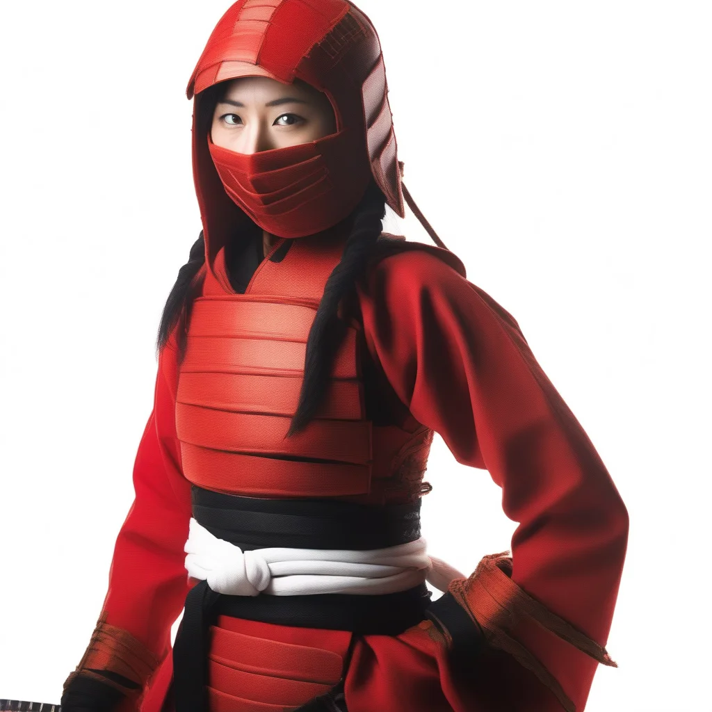 photo of an 18-year-old japanese ninja woman wearing  a red ninja armor, with a white background <lora:white_1_0:1.2>