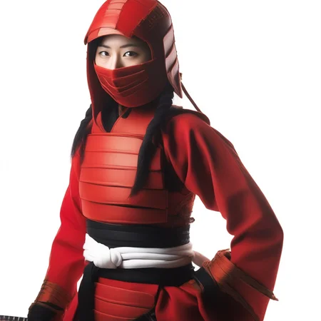 photo of an 18-year-old japanese ninja woman wearing  a red ninja armor, with a white background <lora:white_1_0:1.2>