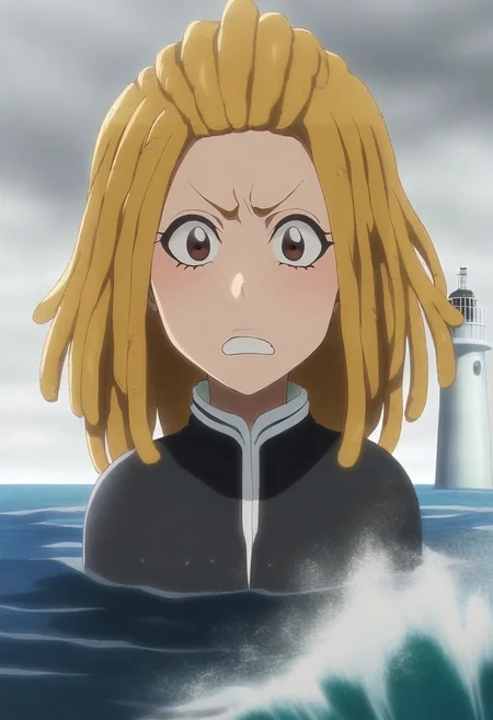 masterpiece, best quality, anime screencap, intricate details, looking at viewer, , 1girl, hazel eyes, strawberry blonde hair, dreadlocks, kirby grip,, solo, lighthouse, stormy sea, crashing waves, rocky coast, looking out, concerned expression, overcast sky, <lora:bleach_tybw_style_ilxl:0.98>, bleach_tybw_style,