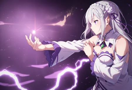 score_9, score_8_up, score_7_up, score_6_up,
BREAK
<lora:shiGojoHollowPurpleV1-000008:0.8>,
shisidehollow, from side,
purple theme, profile, electricity,
1girl, solo,
<lora:shiEmiliaV2:1> shimilia, long hair, grey hair, purple eyes, pointy ears, crown braid, hair flower, hair ribbon, purple ribbon, x hair ornament, white dress, cleavage, bare shoulders, wide sleeves, white thighhighs, thigh boots,