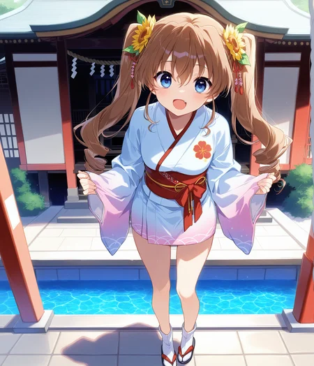 masterpiece,best quality,high resolution,caustics,detailed,1 girl,solo,
full_body,standing,japanese shrine,outdoor,
,look_at_viewer,
<lora:mikaV1:1>nogizaka_mika,nogizaka_haruka_no_himitsu, twintails, sunflower, flower, hair ornament, hair flower,long hair, drill hair, hair between eyes,fang,brown hair,blue eyes,small breasts,
kimino,japanese clothes,tabi,