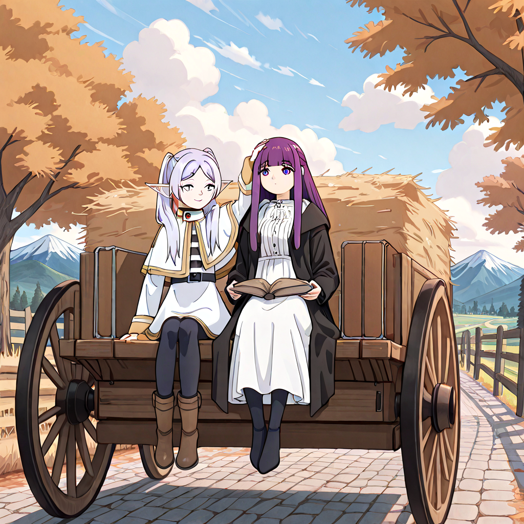 absurdres, sensitive, 2girls, frieren, fern, sitting, hay cart, hay, wagon, elf, grey hair, twintails, capelet, black pantyhose, purple hair, long hair, straight hair, white dress, long sleeves, robe, open book, holding book, suitcase, sky, cloud, tree, rural, fence, mountain, stone road, hand on another's head, headpat, smile, expressionless, riding, shadow, <lora:haycart_ilxl:1>