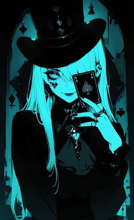 masterpiece, best quality, amazing quality, highres, 1girl, solo, long hair, looking at viewer, smile, blue eyes, shirt, long sleeves, hat, holding, closed mouth, jewelry, upper body, earrings, collared shirt, hand up, nail polish, hair over one eye, black shirt, fingernails, ascot, makeup, facial mark, ring, black nails, gem, brooch, one eye covered, top hat, blue theme, mini hat, card, dark, tilted headwear, playing card, diamond \(shape\), holding card, spade \(shape\), aqua theme, ace \(playing card\), club \(shape\), diamond \(gemstone\), ace of spades, GTHAN, glowing, xxx667_illu, <lora:illustriousXL_stabilizer_v1.23:0.3> <lora:NOOB_vp1_detailer_by_volnovik_v1:0.3> <lora:ponyv6_noobE11_2_adamW-000017:0.45> <lora:XXX667:0.5> <lora:GTHAN-IL:0.8>