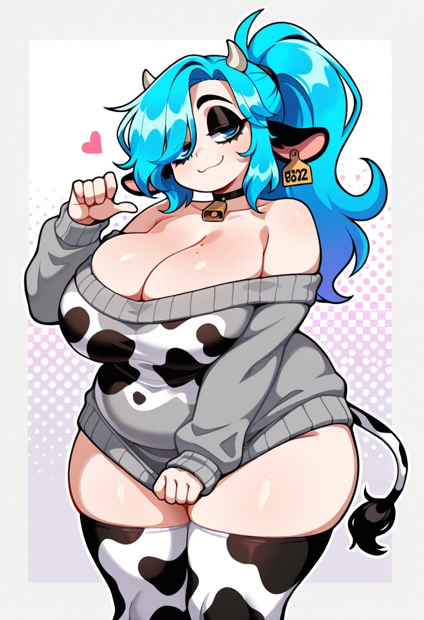masterpiece, best quality, amazing quality, very aesthetic, high resolution, ultra-detailed, absurdres, newest, toxicsoulILL, 1girl, solo, breasts, tail, white horns, cow tail, cow ears, ear tag on cow ear, no human ears, blue hair, caucasian skin, abstract background, ponytail hair, large_breasts, smile, looking_at_viewer, long_hair, choker, gray off shoulder sweater, curved horns, blue eyes, simple_background, cleavage, bare shoulders, closed_mouth, head_tilt, hair over one eye, collarbone, black_choker, cowprint_thighhighs, bangs, standing,, chubby, bbw, black eyeshadow, half lidded eyes, pose